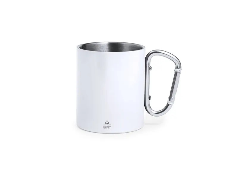Taza de acero reciclado Lecrer 300 ml con mosquetón en blanco de acero inox reciclado, vista frontal