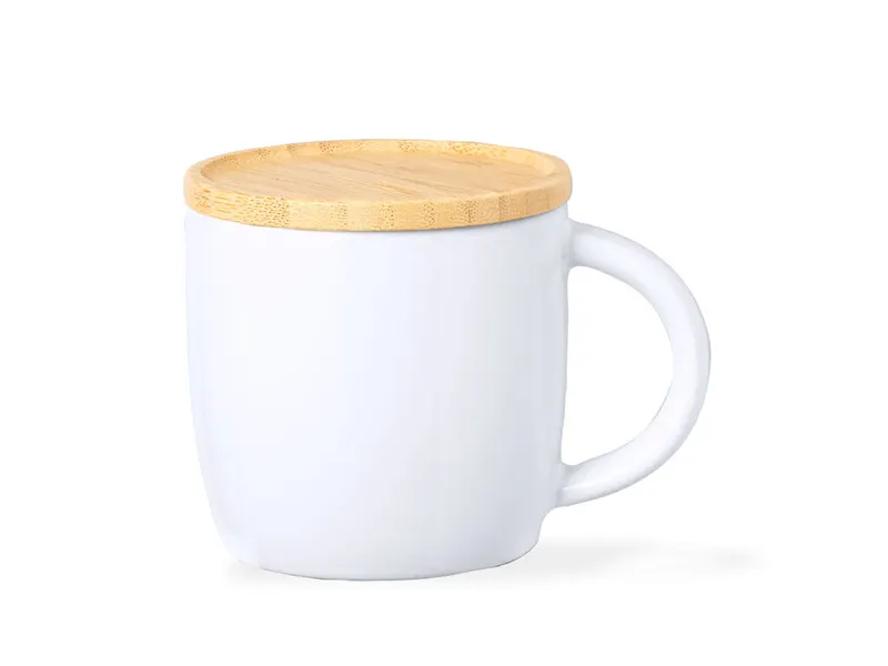 Taza de cerámica Zenara 350 ml tapa de bambú posavasos en blanco de cerámica/ bambú, vista frontal