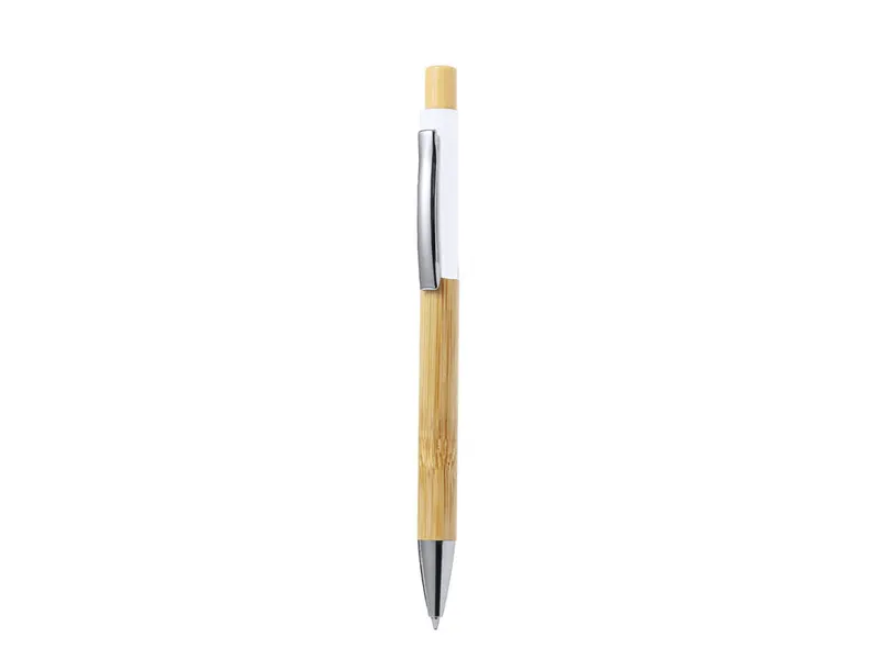 Bolígrafo de aluminio Renol goma con bambú pulsador en blanco de bambú, vista frontal