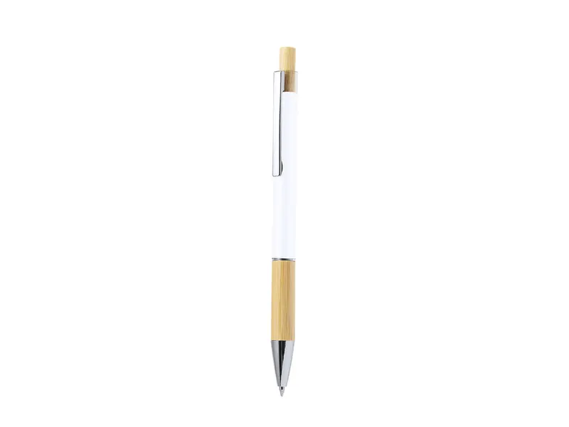 Bolígrafo de aluminio Weler brillo y bambú pulsador en blanco de aluminio/ bambú, vista frontal