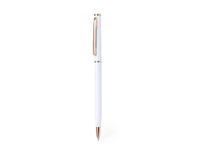 Bolígrafo de aluminio mate Noril giratorio detalles cobre en blanco de aluminio, vista frontal