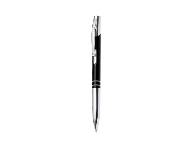 Bolígrafo de aluminio Mafei bicolor pulsador troquelado en negro de aluminio, vista frontal