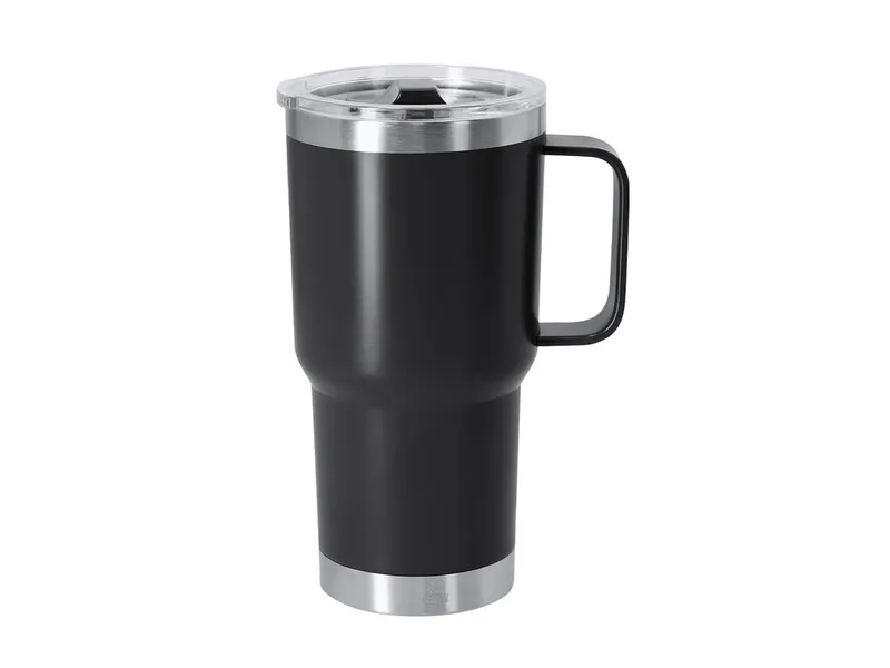 Taza térmica reciclada Paster 600 ml con asa en negro de acero inox reciclado, vista frontal