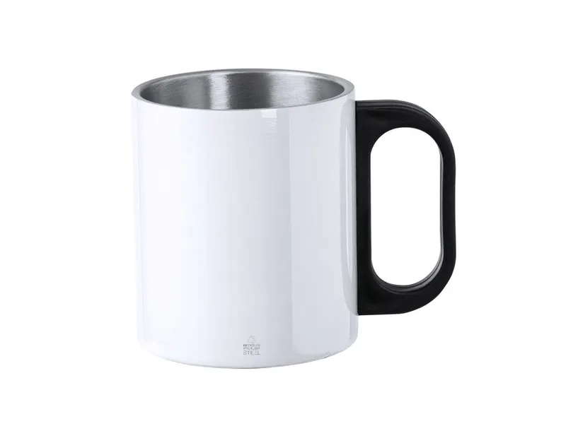 Taza de acero reciclado Korpla 300 ml asa PP en blanco de acero inox reciclado, vista frontal