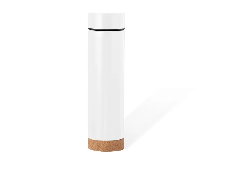 Termo de acero Dantek 470 ml base de corcho e infusor en blanco de acero inox/ corcho, vista frontal