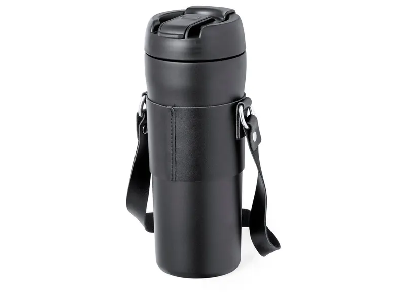 Botella térmica de acero Matner 700 ml con pajita y asa en negro de acero inox, vista frontal