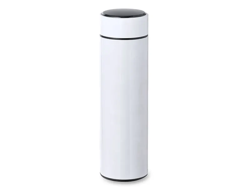 Termo de acero Sutung 450 ml con termómetro e infusor en blanco de acero inox, vista frontal
