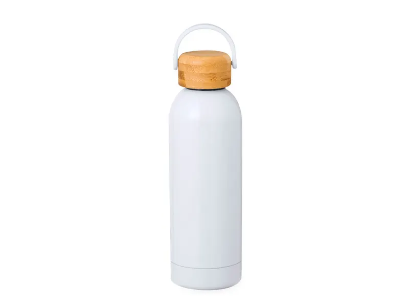 Botella térmica de acero Jano 500 ml sublimación con asa en blanco de acero inox/ bambú, vista frontal