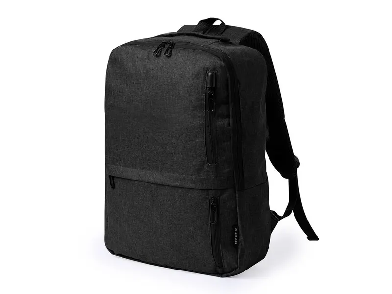 Mochila de RPET Ingria 600D 3 bolsillos frontales en negro de poliéster 600D RPET, vista frontal