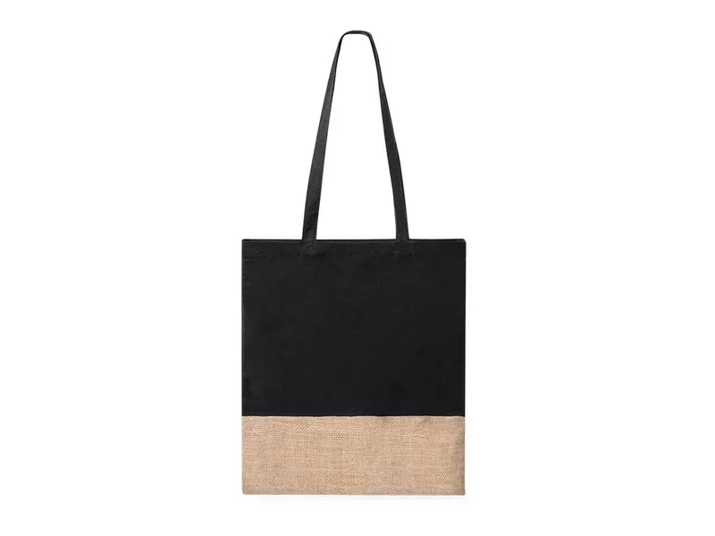Bolsa de algodón Suelva 120 g y yute con asas planas en negro de algodón 120 g/ m2/ yute, vista frontal