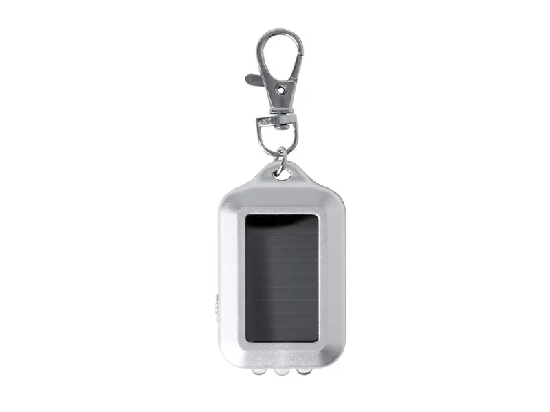 Llavero linterna solar Eluxo con 3 LED en plateado, vista frontal