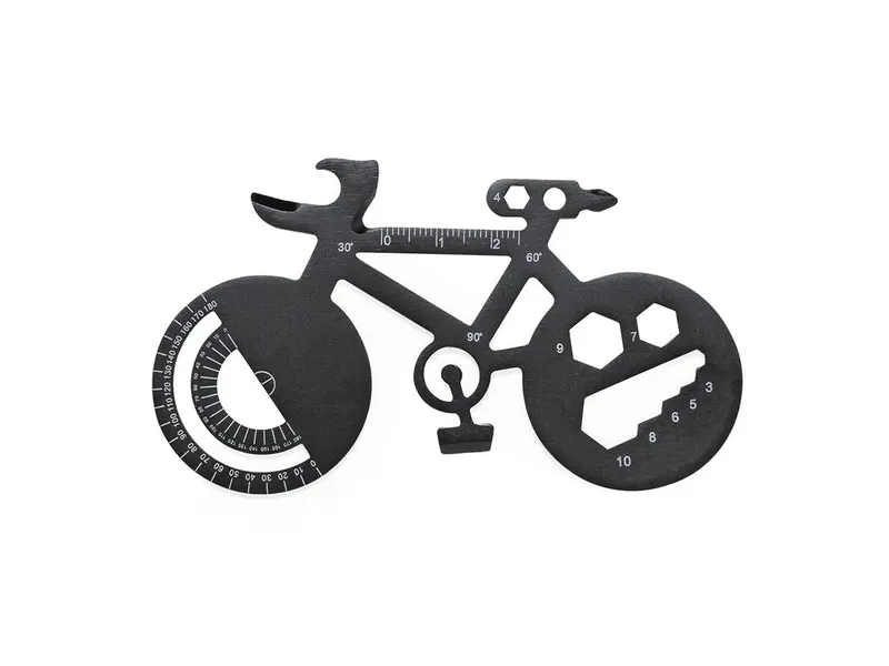Multiherramienta Balint con forma de bicicleta en negro de acero inox, vista frontal