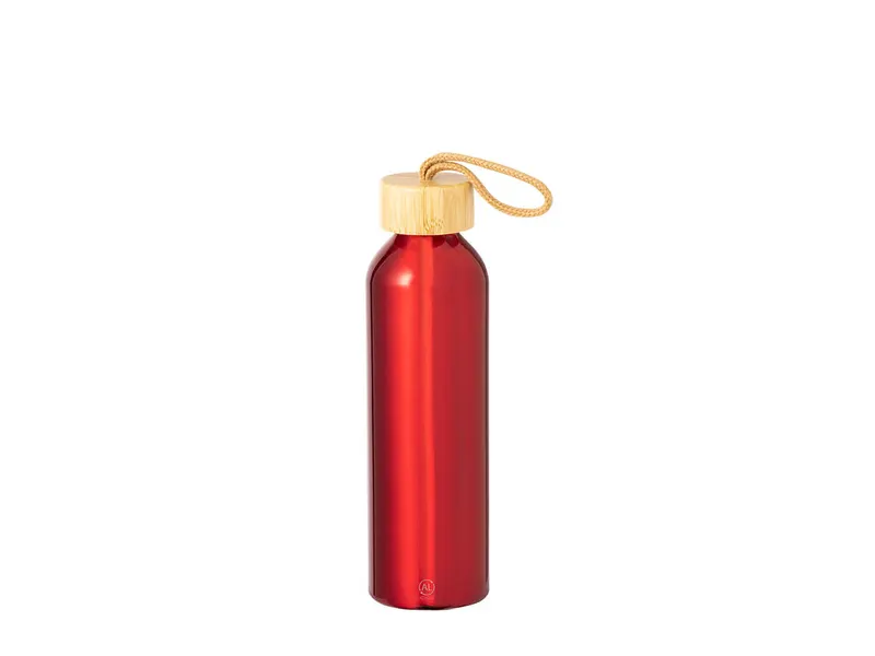 Bidón de aluminio reciclado Irvinson 600 ml tapón bambú en rojo de aluminio reciclado/ bambú, vista frontal