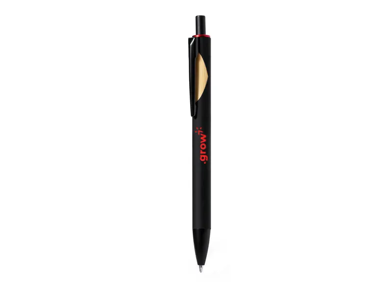 Bolígrafo de aluminio Piklam goma negro y clip con bambú en rojo de bambú/ aluminio, vista frontal
