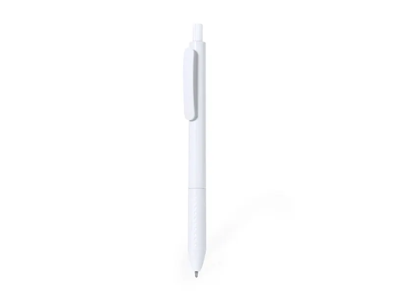 Bolígrafo de ABS Xylander pulsador caña y clip blancos en blanco, vista frontal