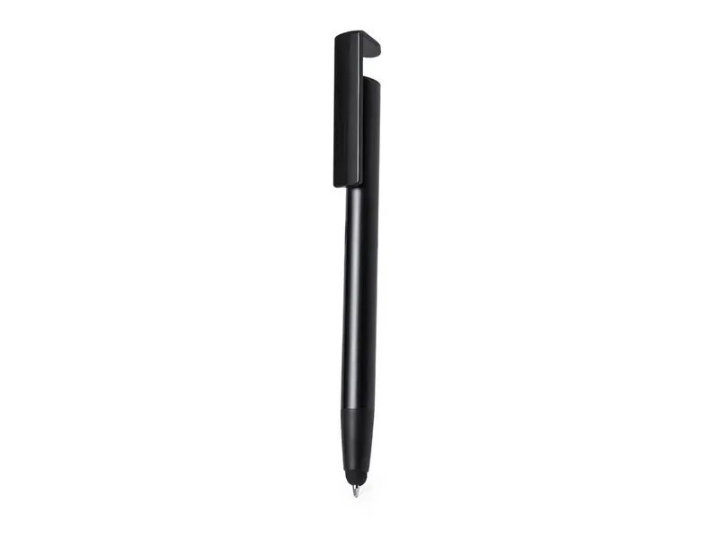 Bolígrafo puntero de aluminio Uplex con soporte para móvil en negro de aluminio, vista frontal