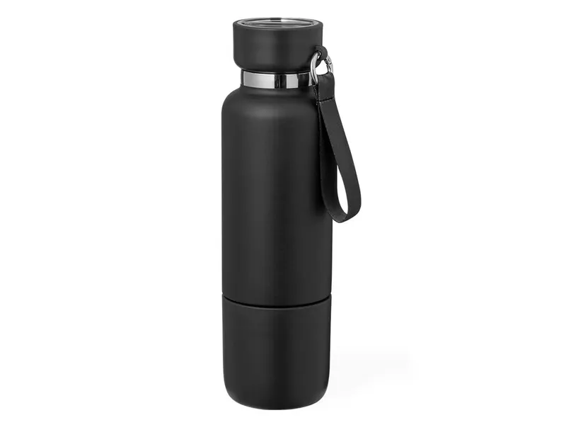 Botella térmica de acero Flautrok 500 ml con vaso y lanyard en negro de acero inox, vista frontal