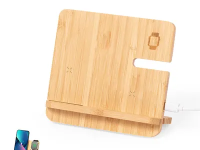 Multicargador inalámbrico de bambú Hamsy 3 en 1 personalizable