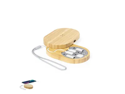 Estuche de bambú Eliot con cargador 15 W y cables personalizable