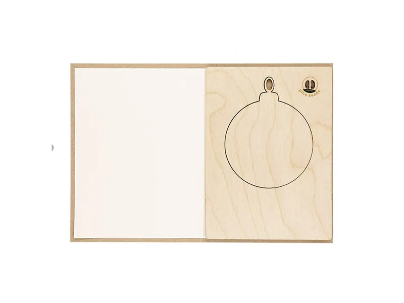 Set postal navideña Astrox con bola de madera y semillas en natural de madera, vista frontal