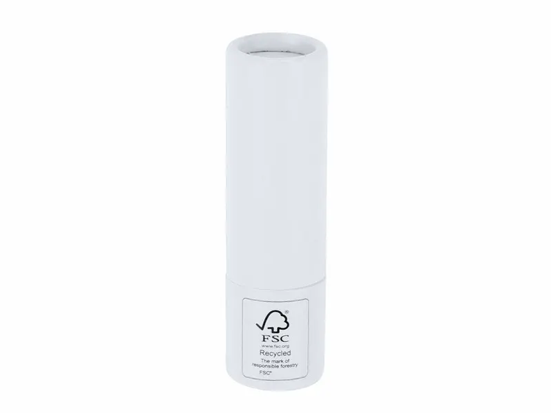 Bálsamo labial vainilla SPF15 envase cartón FSC Vintod en blanco de cartón reciclado FSC, vista frontal