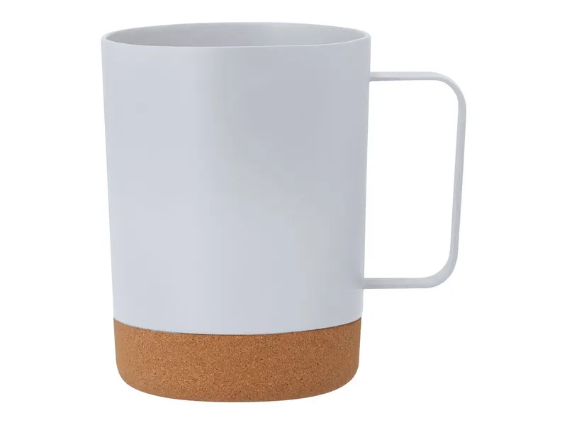 Taza de PP reciclado y corcho Jurgen 400 ml asa cuadrada en blanco de PP reciclado/ corcho, vista frontal