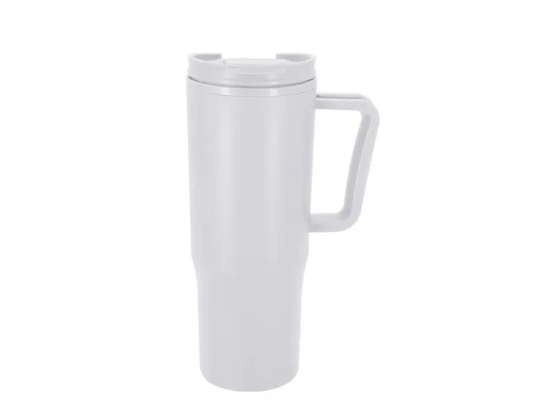 Taza térmica de PP reciclado Miranda 800 ml con pajita en blanco de PP reciclado, vista frontal