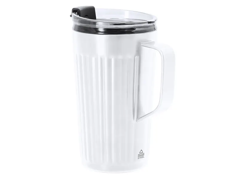 Taza térmica reciclada Korplax 350 ml con orificio pajita en blanco de acero inox reciclado, vista frontal