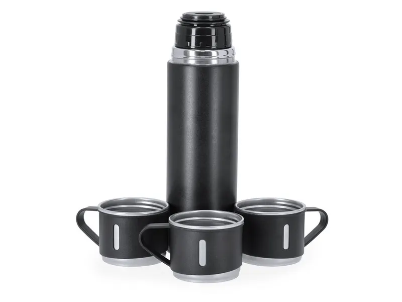 Set termo Melbir 420 ml con 3 tazas de acero en negro de acero inox, vista frontal