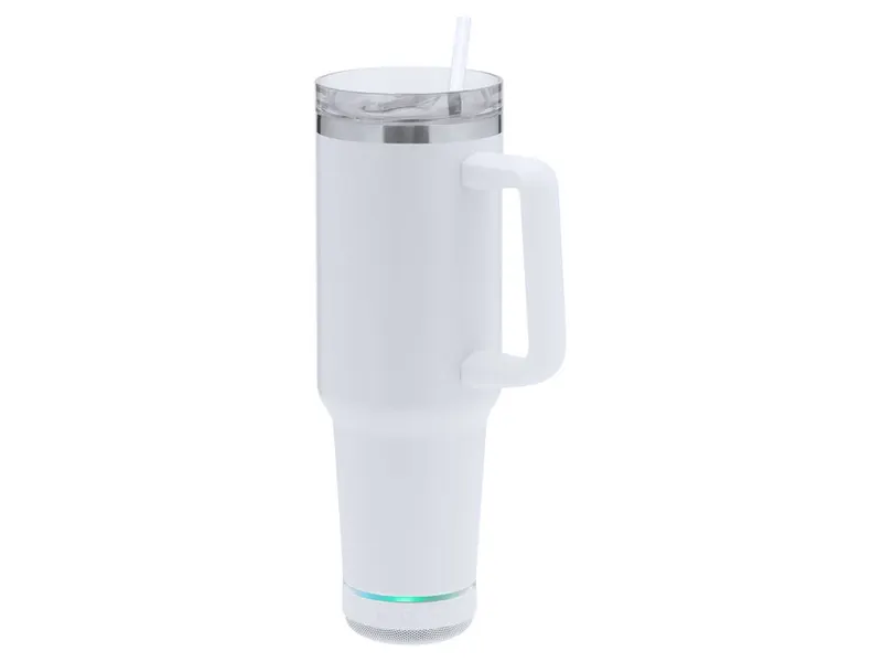 Taza térmica Tracir con altavoz Bluetooth 1,25 l en blanco de acero inox, vista frontal