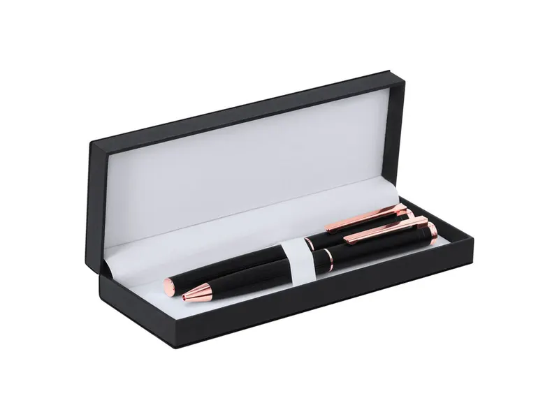 Set bolígrafo y roller aluminio negro y oro rosa Blexa en negro de aluminio, vista frontal