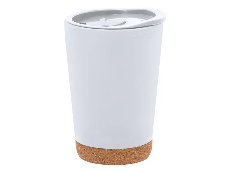 Vaso térmico de PP reciclado Doyle 260 ml base de corcho en blanco de PP reciclado/ corcho, vista frontal