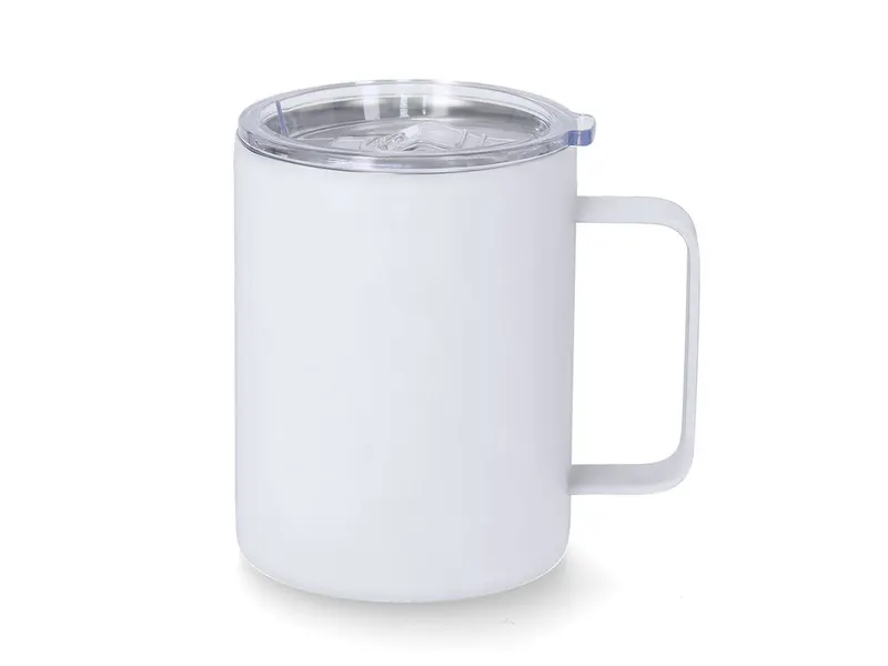 Taza térmica de acero Adelax 400 ml tacto goma láser en blanco de acero inox, vista frontal