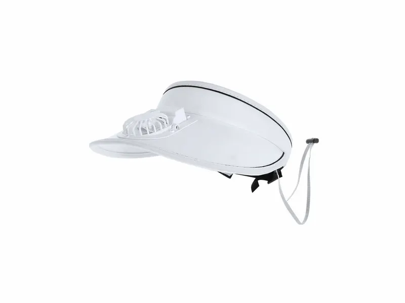 Visera Akanyi con ventilador recargable en blanco, vista frontal