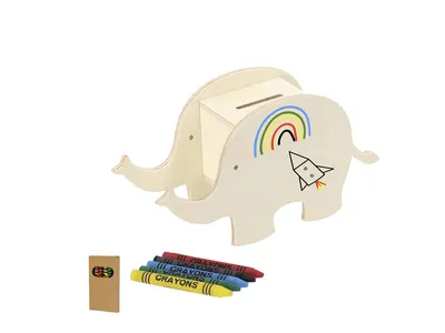 Hucha de madera con animales y ceras para pintar personalizable