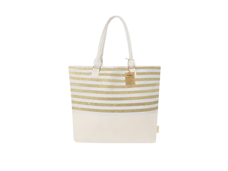 Bolsa de algodón reciclado Henar 210 g a rayas en dorado de algodón reciclado 210 g/ m2, vista frontal