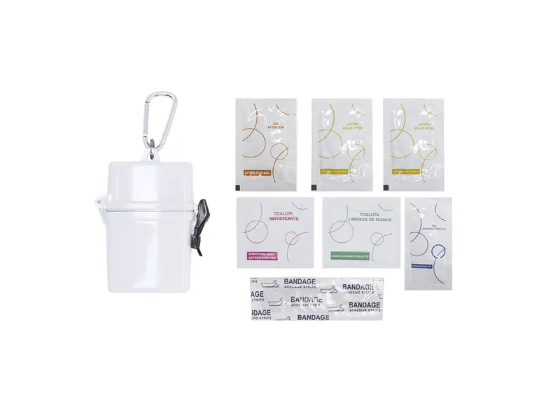 Kit de excursión Dambury de 8 accesorios con mosquetón en blanco, vista frontal