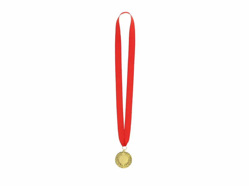 Medalla dorada en relieve Gussy con cinta roja en dorado de metal/ poliéster, vista frontal