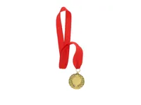 Medalla dorada en relieve Gussy con cinta roja de metal/ poliéster, vista lateral