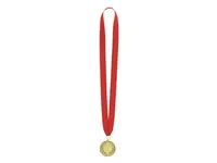 Medalla dorada en relieve Gussy con cinta roja de metal/ poliéster, vista frontal