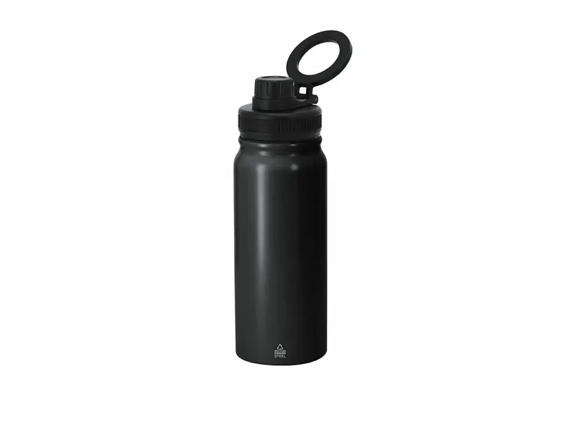 Botella térmica reciclada Stork 600 ml soporte móvil en negro de acero inox reciclado, vista frontal