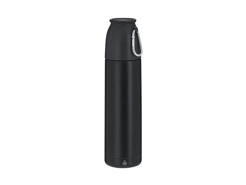Set termo Clorin 500 ml con taza de acero reciclado en negro de acero inox reciclado, vista frontal