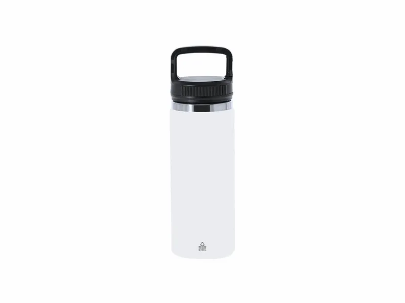 Botella térmica reciclada Nabrax 550 ml asa mosquetón en blanco de acero inox reciclado, vista frontal