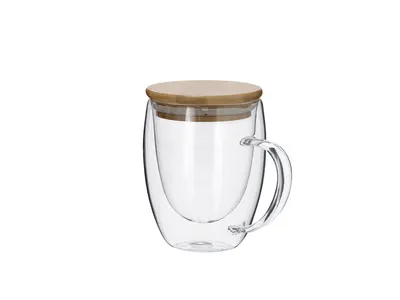 Taza de cristal Helmar doble pared 300 ml tapa de bambú personalizable