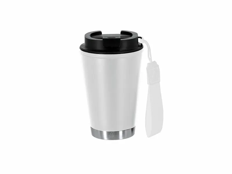 Vaso térmico de PP reciclado Wirten 300 ml con cinta en blanco de PP reciclado/ base acero inox reciclado, vista frontal