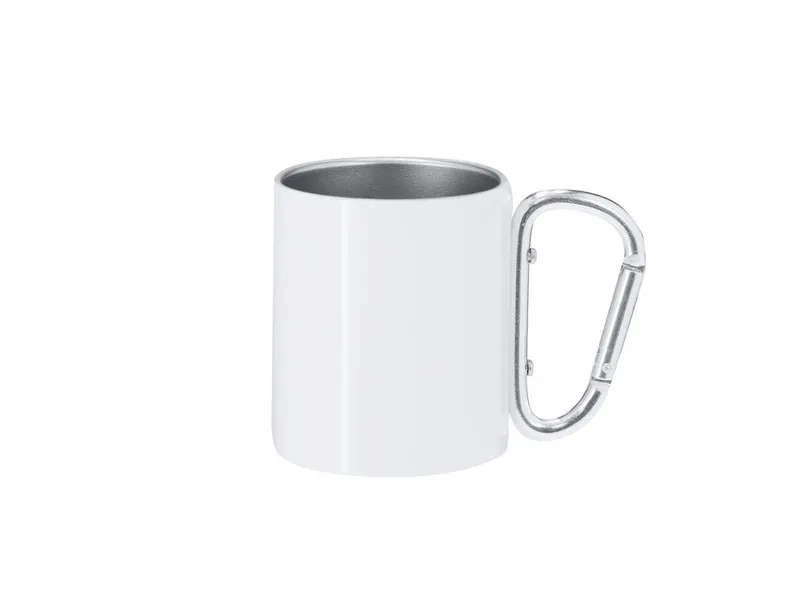 Taza de acero Beesbur 220 ml sublimación con mosquetón en blanco de acero inox, vista frontal
