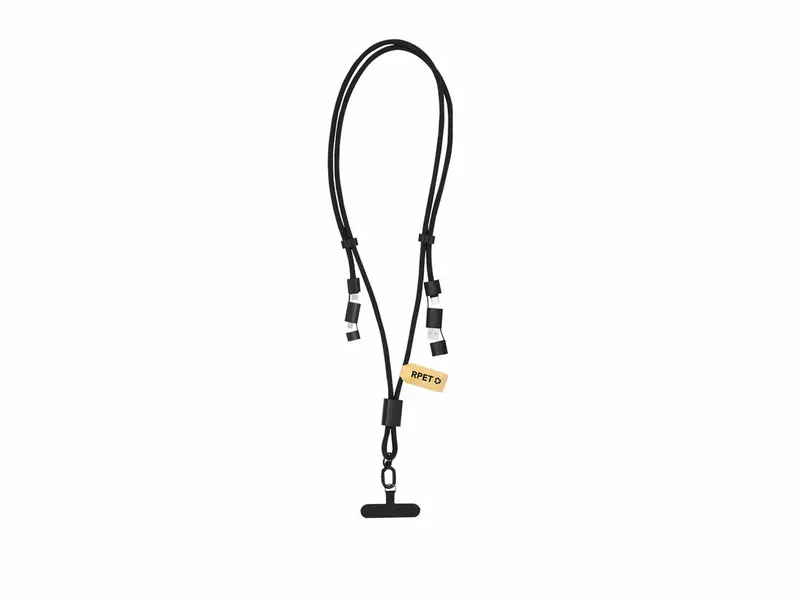 Lanyard Tebrer con cable cargador y soporte para móvil en negro de aluminio reciclado/ poliéster RPET, vista frontal