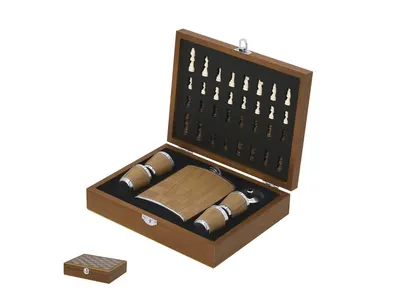 Set petaca Fleet 220 ml con 4 chupitos y ajedrez personalizable