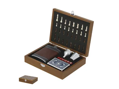 Set petaca Menzie 220 ml con cartas, dados y ajedrez personalizable