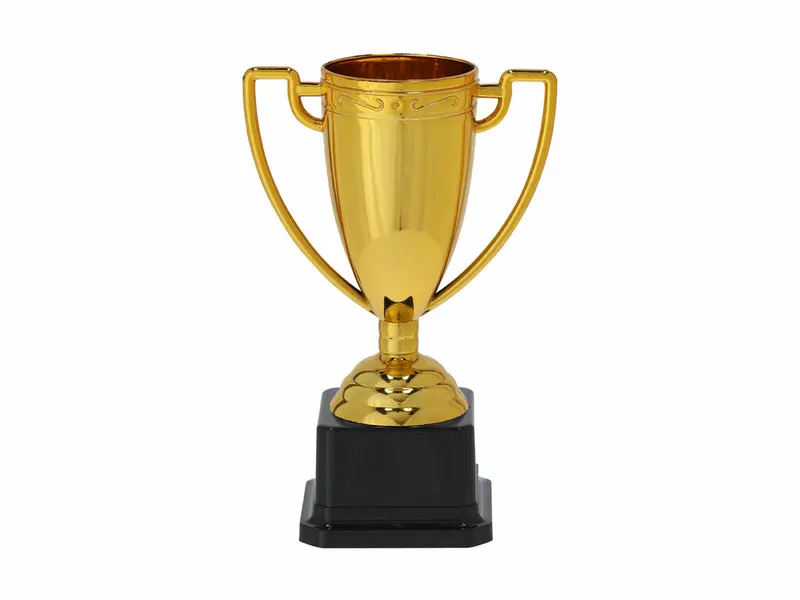 Trofeo dorado Plinar con asas, marcaje 40 × 20 mm en dorado, vista frontal